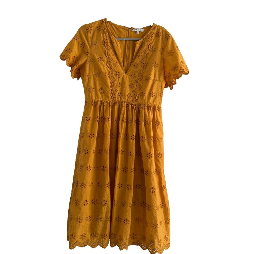 Madewell Scalloped Eyelet Mustard Midi Dress Sz 8